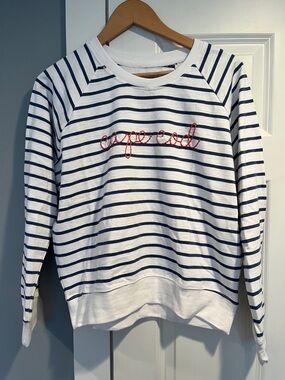 Striped White & Navy Crewneck Sweater with Red Script